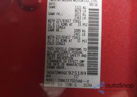 2016 Nissan Rogue Sv z USA, uszkodzony, nr VIN 5N1AT2MVXGC925189